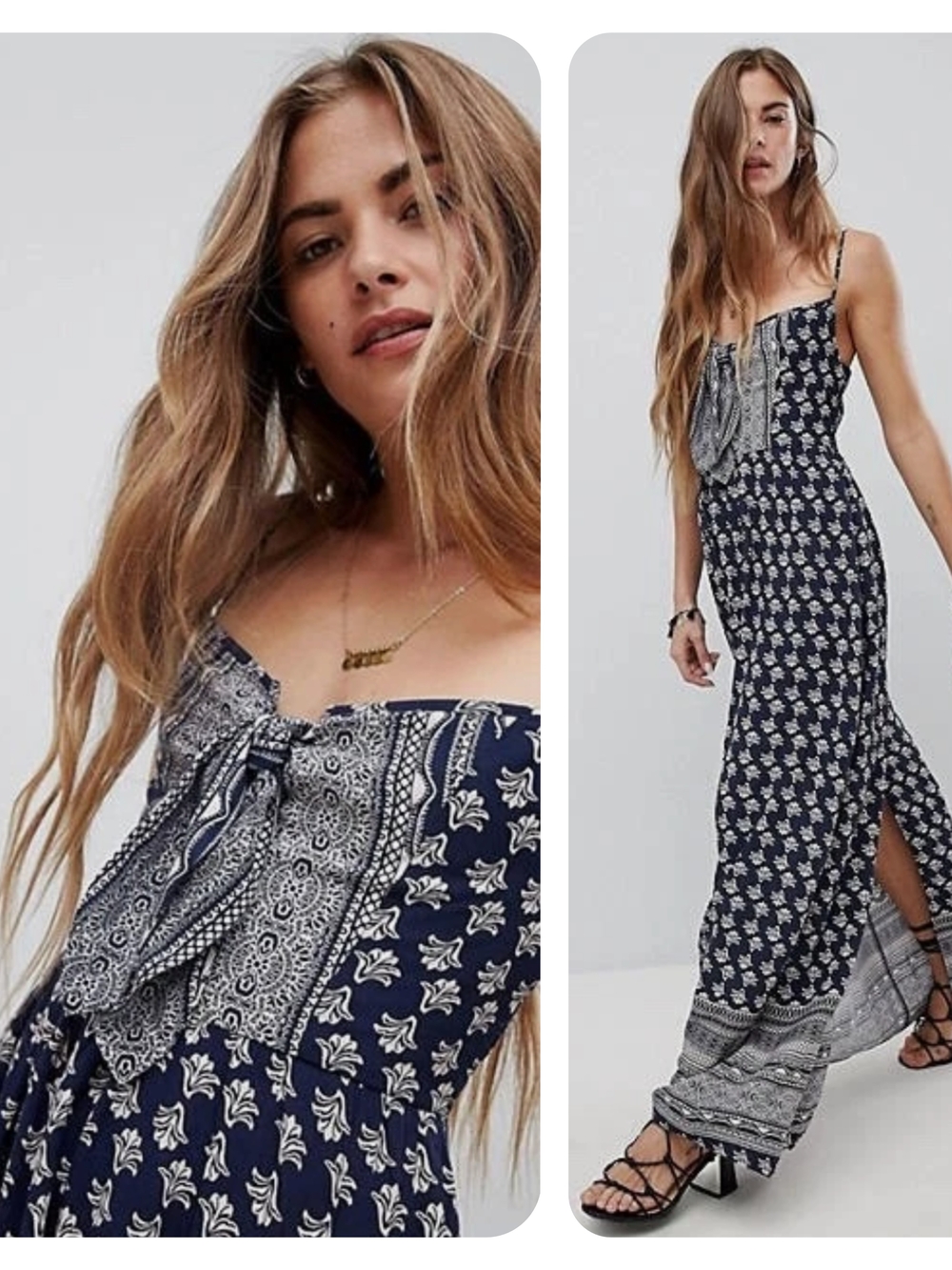 Band of Gypsies Boho Navy White Printed Tie Front Maxi Dress Medium